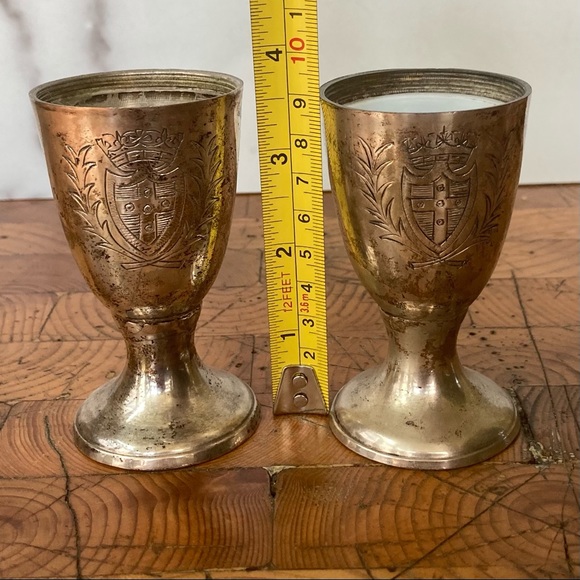 Vintage Pair Nickel Silver Egg Cups with Crests - Picture 2 of 8